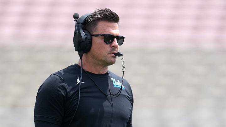 May 2, 2026; Pasadena, CA, USA; UCLA Bruins coach Bob Chesney reacts during the spring game at Rose Bowl. Mandatory Credit: Kirby Lee-Imagn Images