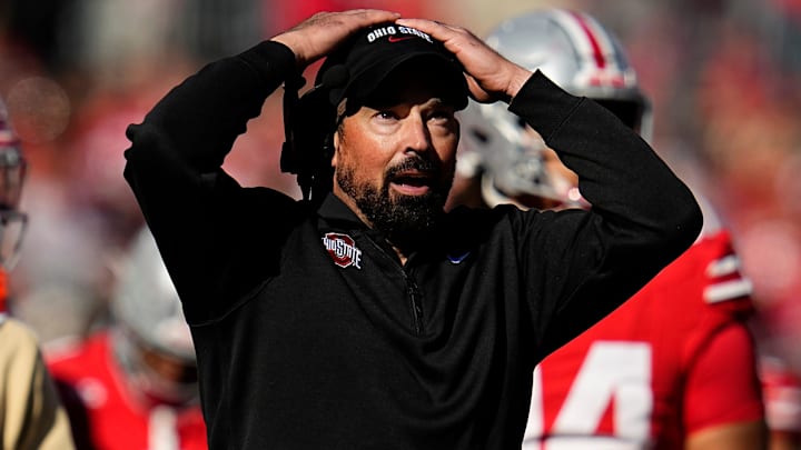 Ohio State Buckeyes head coach Ryan Day watches the scoreboard during the second half of the NCAA football game against the Nebraska Cornhuskers at Ohio Stadium in Columbus on Saturday, Oct. 26, 2024. Ohio State won 21-17.