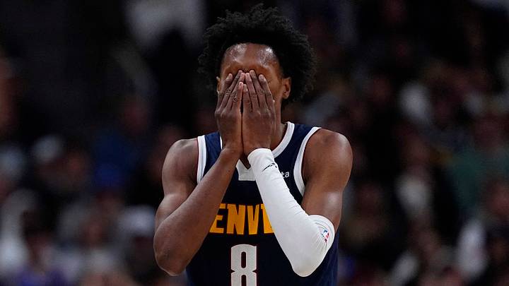 Jan 27, 2026; Denver, Colorado, USA; Denver Nuggets guard Peyton Watson (8) reacts in the fourth quarter against the Detroit Pistons  at Ball Arena. Mandatory Credit: Ron Chenoy-Imagn Images