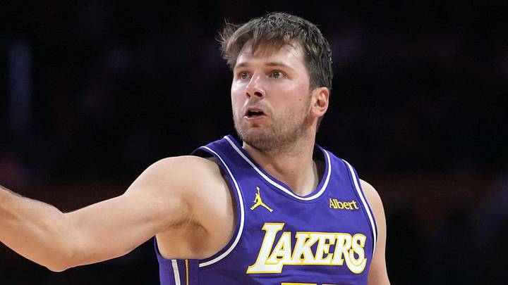 Oct 27, 2026; Los Angeles, California, USA; Los Angeles Lakers guard Luka Doncic (77) reacts against the Portland Trail Blazers in the second half at Crypto.com Arena. Mandatory Credit: Kirby Lee-Imagn Images