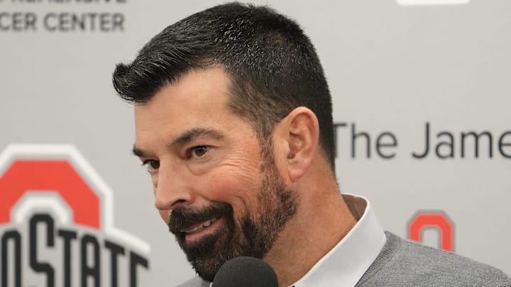 Ohio State University football coach Ryan Day talks with the media Wednesday, December 4, 2024 after the devastating loss to Michigan for the fourth straight year. The news conference was held in the Woody Hayes Athletic Center football team meeting room in Columbus.