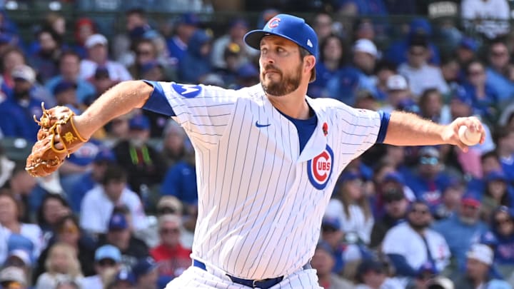 May 26, 2025; Chicago, Illinois, USA; Chicago Cubs relief pitcher Drew Pomeranz (45) pitches during the eighth inning against the Chicago Cubs at Wrigley Field.