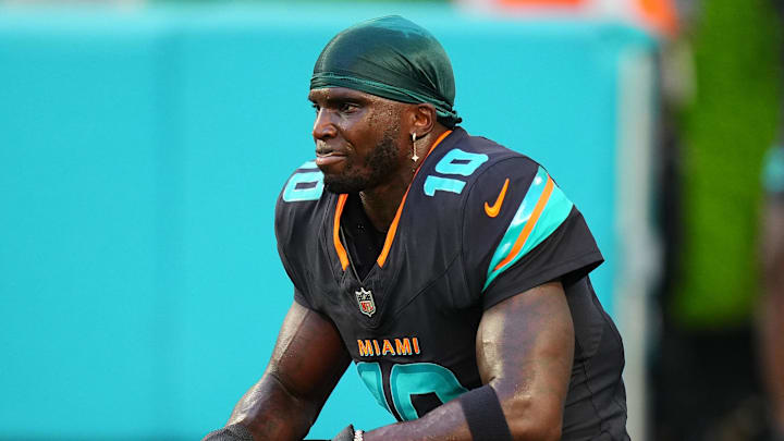Sep 29, 2025; Miami Gardens, Florida, USA; Miami Dolphins wide receiver Tyreek Hill (10) practices before the game against the New York Jets at Hard Rock Stadium. Mandatory Credit: Rich Storry-Imagn Images