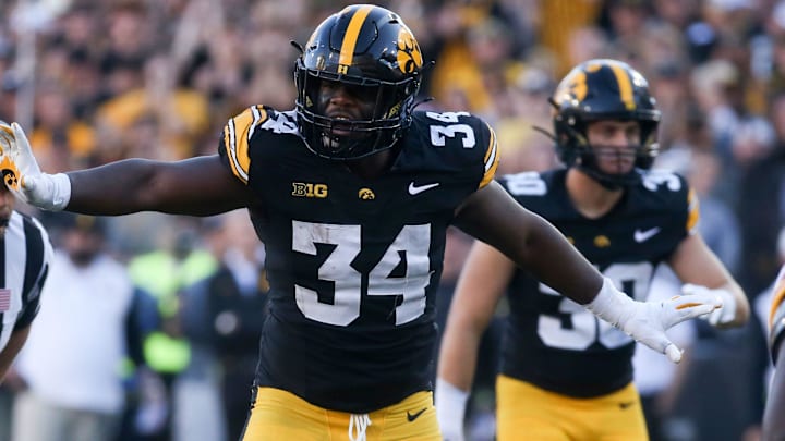 Iowa’s Jay Higgins (34) lines up against Iowa State during the Cy-Hawk game Saturday, Sept. 7, 2024 at Kinnick Stadium in Iowa City, Iowa.