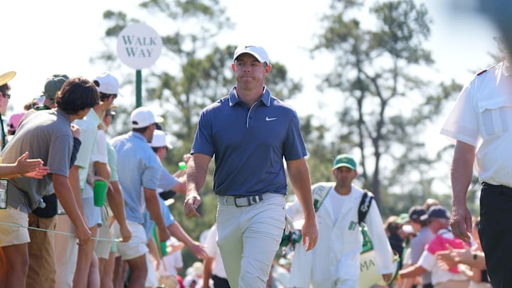 Rory McIlroy walks Augusta National during the final round of the 2025 Masters.