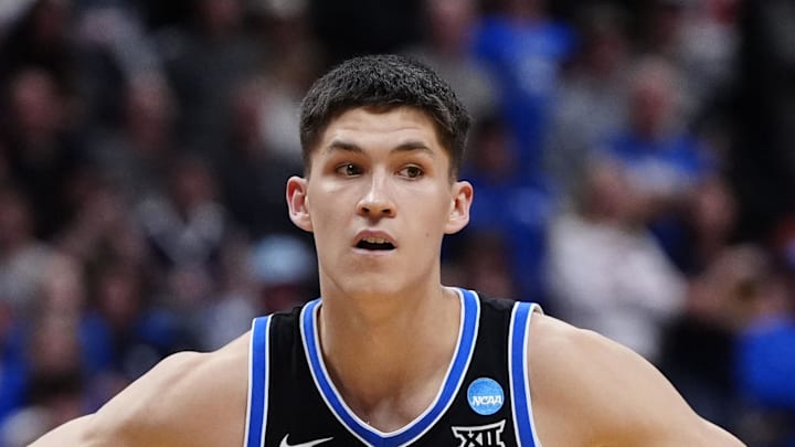 Mar 22, 2025; Denver, CO, USA; Brigham Young Cougars guard Egor Demin (3) reacts against the Wisconsin Badgers during the second half in the second round of the NCAA Tournament  at Ball Arena. Mandatory Credit: Ron Chenoy-Imagn Images