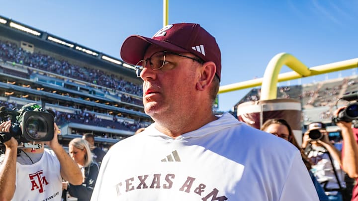 Texas A&M Aggies head coach Mike Elko walks off the field after defeating the Samford Bulldogs 48-0 in a game at Kyle Field. Mandatory Credit: Joseph Buvid-Imagn Images