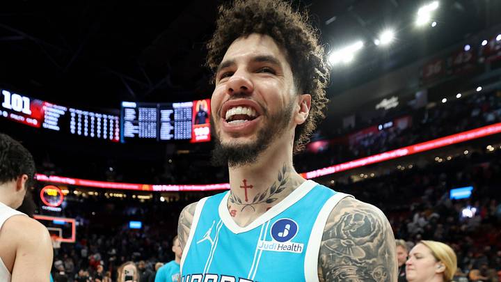 Mar 10, 2026; Portland, Oregon, USA; Charlotte Hornets guard LaMelo Ball (1) reacts after defeating the Portland Trail Blazers in the fourth quarter at Moda Center. Mandatory Credit: Jaime Valdez-Imagn Images