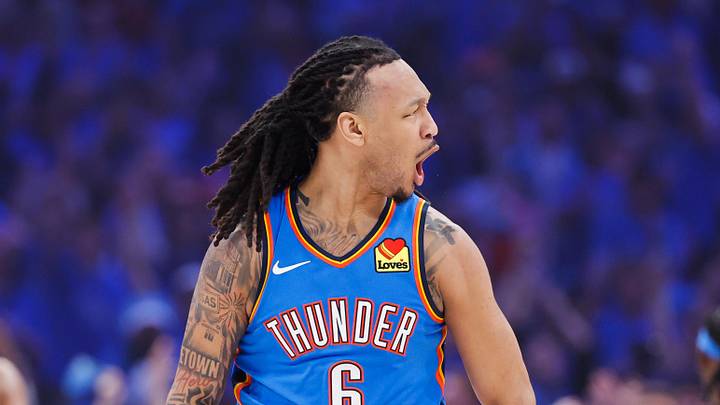 May 20, 2026; Oklahoma City, Oklahoma, USA; Oklahoma City Thunder forward Jaylin Williams (6) celebrates a basket during the first quarter against the San Antonio Spurs during game two of the western conference finals for the 2026 NBA playoffs at Paycom Center. Mandatory Credit: Alonzo Adams-Imagn Images