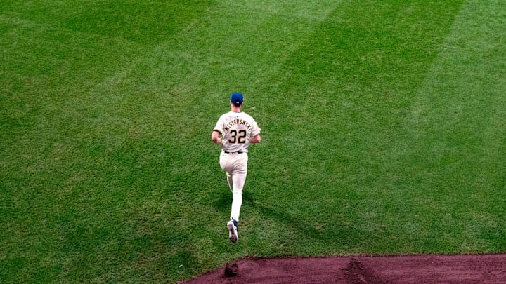 Milwaukee Brewers pitcher Jacob Misiorowski (32) heads to the mound during the second inning of their National League Division Series game against the Chicago Cubs Saturday, October 11, 2025 at American Family Field in Milwaukee, Wisconsin.