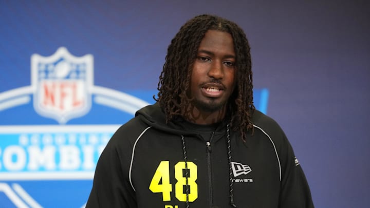 CF defensive lineman Malachi Lawrence speaks during the NFL Scouting Combine at the Indiana Convention Center. 