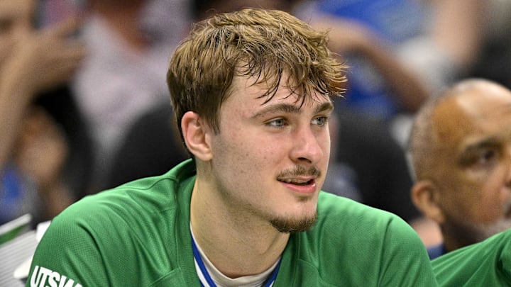 Apr 3, 2026; Dallas, Texas, USA; Dallas Mavericks forward Cooper Flagg (32) looks on from the team bench during the second quarter against the Orlando Magic at the American Airlines Center. Mandatory Credit: Jerome Miron-Imagn Images Apr 3, 2026; Dallas, Texas, USA; Dallas Mavericks forward Cooper Flagg (32) looks on from the team bench during the second quarter against the Orlando Magic at the American Airlines Center. Mandatory Credit: Jerome Miron-Imagn Images