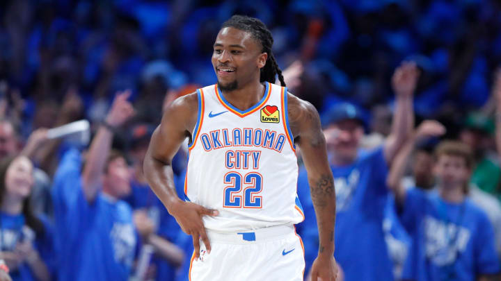 Thunder guard Cason Wallace (22) celebrates after making a 3-pointer during a 117-95 win in Game 1 of the Western Conference semifinals against the Mavericks on May 7 at Paycom Center. Thunder guard Cason Wallace (22) celebrates after making a 3-pointer during a 117-95 win in Game 1 of the Western Conference semifinals against the Mavericks on May 7 at Paycom Center.