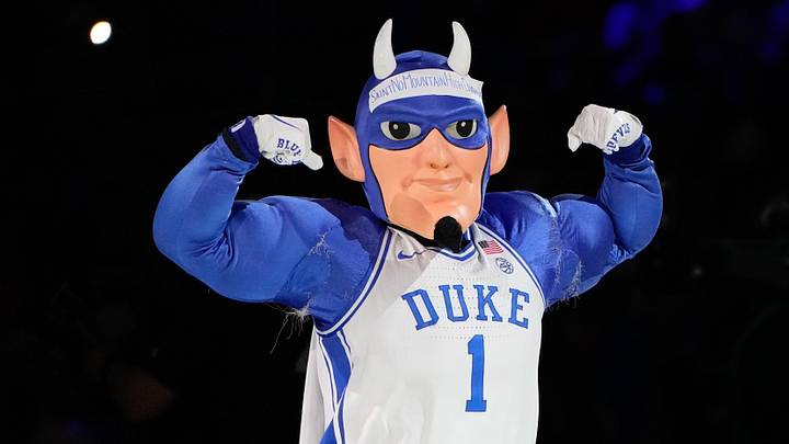 Mar 21, 2025; Raleigh, NC, USA; The Blue Devil, mascot for the Duke Blue Devils, performs before the game against the Mount St. Mary's Mountaineers in the first round of the NCAA Tournament at Lenovo Center. Mandatory Credit: Bob Donnan-Imagn Images Mar 21, 2025; Raleigh, NC, USA; The Blue Devil, mascot for the Duke Blue Devils, performs before the game against the Mount St. Mary's Mountaineers in the first round of the NCAA Tournament at Lenovo Center. Mandatory Credit: Bob Donnan-Imagn Images