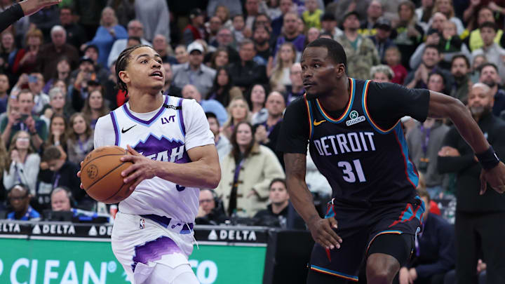 Dec 26, 2025; Salt Lake City, Utah, USA; Utah Jazz guard Keyonte George (3) drives to the basket against Detroit Pistons guard Javonte Green (31) in the last minute of the game at Delta Center. Mandatory Credit: Rob Gray-Imagn Images