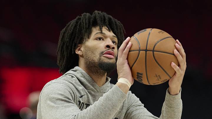 Portland Trail Blazers guard Shaedon Sharpe warms up before game four of the first round.