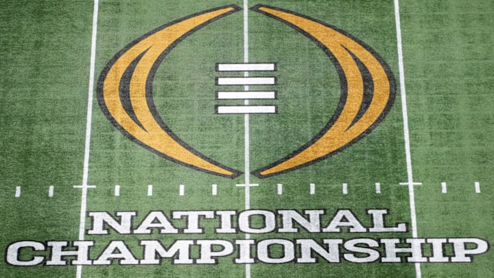 Jan 19, 2025; Atlanta, GA, USA; The College Football Playoff National Championship logo at midfield at Mercedes-Benz Stadium, the site of the 2025 College Football Playoff National Championship between the Ohio State Buckeyes and the Notre Dame Fighting Irish. Mandatory Credit: Kirby Lee-Imagn Images