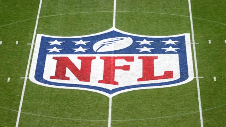 Nov 10, 2024; Munich, Germany; The NFL shield logo at midfield during the 2024 NFL Munich Game at Allianz Arena. Mandatory Credit: Kirby Lee-Imagn Images