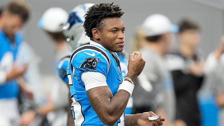 Aug 2, 2025; Charlottle, NC, USA; Carolina Panthers wide receiver Jimmy Horn Jr. (15) during Fanfest at Bank of America Stadium. Mandatory Credit: Jim Dedmon-Imagn Images Aug 2, 2025; Charlottle, NC, USA; Carolina Panthers wide receiver Jimmy Horn Jr. (15) during Fanfest at Bank of America Stadium. Mandatory Credit: Jim Dedmon-Imagn Images