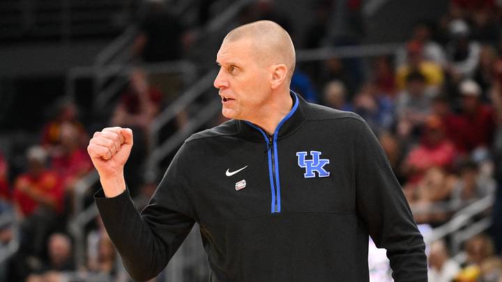 Mar 22, 2026; St. Louis, MO, USA; Kentucky Wildcats head coach Mark Pope reacts during the first half against the Iowa State Cyclones during a second round game of the men's 2026 NCAA Tournament at Enterprise Center. Mandatory Credit: Jeff Curry-Imagn Images Mar 22, 2026; St. Louis, MO, USA; Kentucky Wildcats head coach Mark Pope reacts during the first half against the Iowa State Cyclones during a second round game of the men's 2026 NCAA Tournament at Enterprise Center. Mandatory Credit: Jeff Curry-Imagn Images