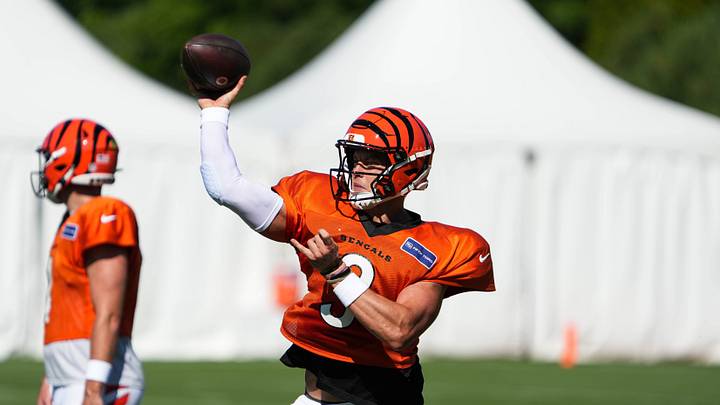 Bengals Joe Burrow (9) throws a pass. The Cincinnati Bengals practice during the 2026 preseason on Tuesday August 18, 2026. Bengals Joe Burrow (9) throws a pass. The Cincinnati Bengals practice during the 2026 preseason on Tuesday August 18, 2026.