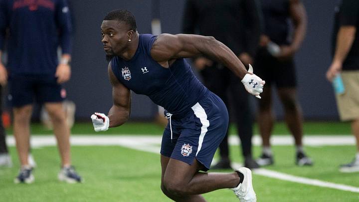 Auburn Tigers linebacker Eugene Asante (9) runs drills during Auburn Tigers football pro day at the Woltosz Football Performance Center in Auburn, Ala., on Monday, March 24, 2025. Auburn Tigers linebacker Eugene Asante (9) runs drills during Auburn Tigers football pro day at the Woltosz Football Performance Center in Auburn, Ala., on Monday, March 24, 2025.