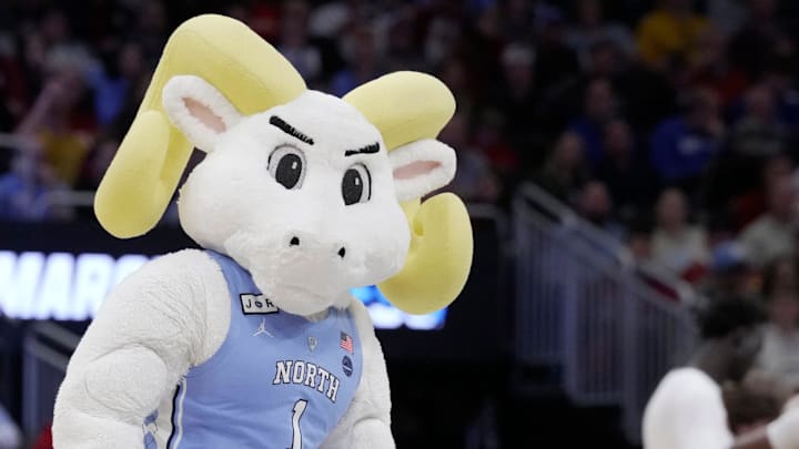 Ramses, the North Carolina mascot, is shown during the first half of their first round NCAA men’ s basketball tournament game against Mississippi Friday, March 21, 2025 at Fiserv Forum in Milwaukee, Wisconsin.Mark Hoffman/Milwaukee Journal Sentinel