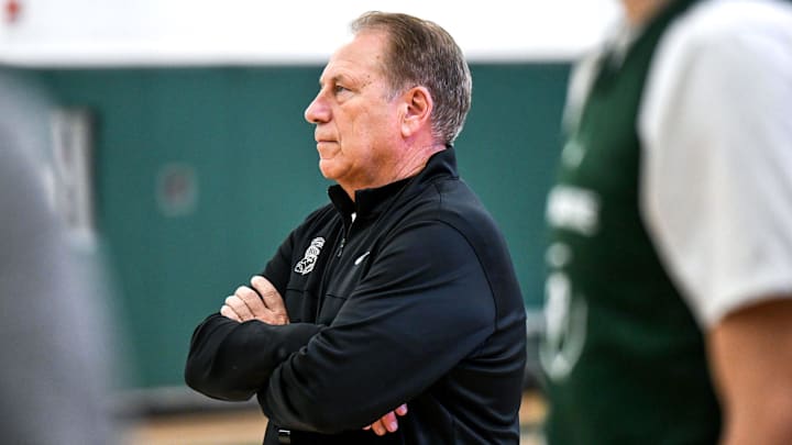 Michigan State's head coach Tom Izzo looks on at practice during men's basketball media day on Thursday, Oct. 17, 2024, at the Breslin Center in East Lansing. Michigan State's head coach Tom Izzo looks on at practice during men's basketball media day on Thursday, Oct. 17, 2024, at the Breslin Center in East Lansing.