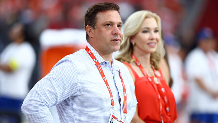 Aug 9, 2025; Glendale, Arizona, USA; Kansas City Chiefs general manager Brett Veach against the Arizona Cardinals during a preseason NFL game at State Farm Stadium. Mandatory Credit: Mark J. Rebilas-Imagn Images