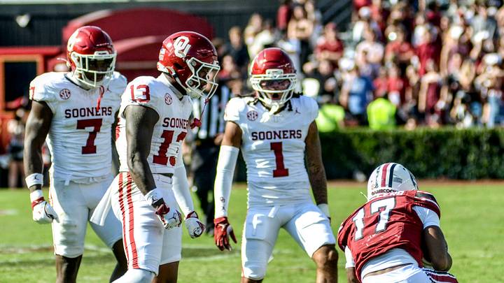 Oklahoma defensive back Reggie Powers III celebrates after making a tackle against South Carolina.
