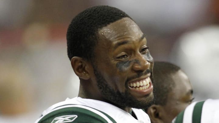Aug 15, 2011; Houston, TX, USA; New York Jets cornerback Antonio Cromartie (31) talks to safety Eric Smith (33) on the sideline against the Houston Texans in the second quarter at Reliant Stadium. Mandatory Credit: Brett Davis-Imagn Images