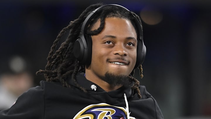 Nov 27, 2025; Baltimore, Maryland, USA; Baltimore Ravens running back Keaton Mitchell (34) before the game at M&T Bank Stadium. Mandatory Credit: Tommy Gilligan-Imagn Images