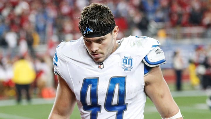 Detroit Lions linebacker Malcolm Rodriguez (44) walks off the field 