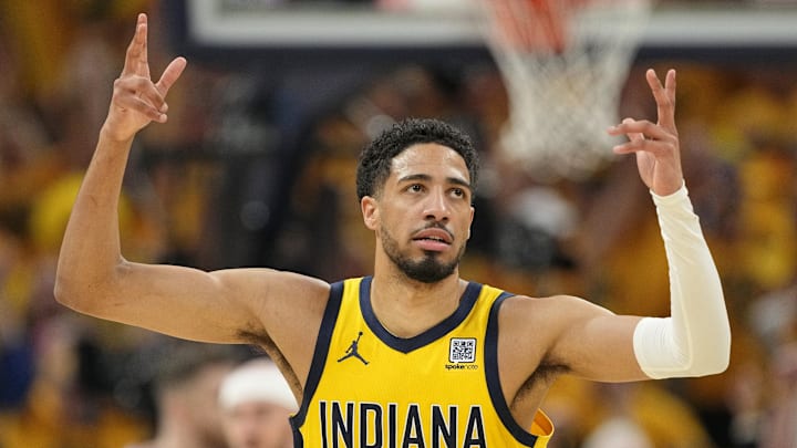 Indiana Pacers guard Tyrese Haliburton reacts to a play during the NBA Finals.
