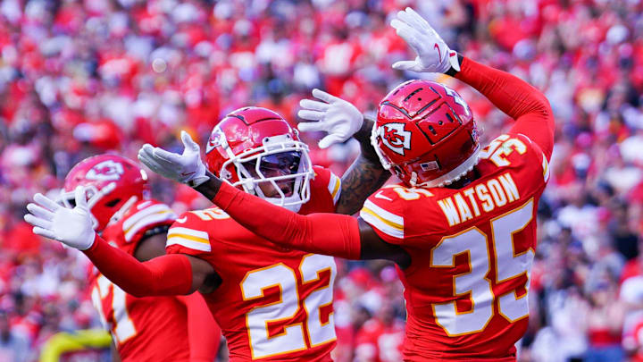 Sep 15, 2024; Kansas City, Missouri, USA; Kansas City Chiefs cornerback Trent McDuffie (22) celebrates with cornerback Jaylen Watson (35) after a play against the Cincinnati Bengals during the first half at GEHA Field at Arrowhead Stadium. Mandatory Credit: Denny Medley-Imagn Images Sep 15, 2024; Kansas City, Missouri, USA; Kansas City Chiefs cornerback Trent McDuffie (22) celebrates with cornerback Jaylen Watson (35) after a play against the Cincinnati Bengals during the first half at GEHA Field at Arrowhead Stadium. Mandatory Credit: Denny Medley-Imagn Images