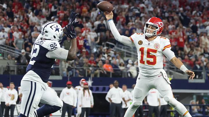 Kansas City Chiefs QB Patrick Mahomes throws a pass for a touchdown against Dallas Cowboys DT Quinnen Williams. Kansas City Chiefs QB Patrick Mahomes throws a pass for a touchdown against Dallas Cowboys DT Quinnen Williams.