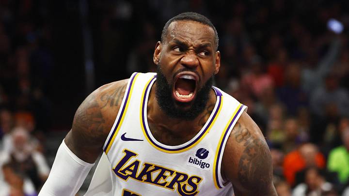 Feb 25, 2024; Phoenix, Arizona, USA; Los Angeles Lakers forward LeBron James (23) reacts as he celebrates a slam dunk against the Phoenix Suns at Footprint Center. Mandatory Credit: Mark J. Rebilas-Imagn Images
