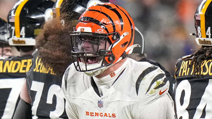 Jan 4, 2025; Pittsburgh, Pennsylvania, USA; Cincinnati Bengals defensive end Trey Hendrickson (91) celebrates a stop against the Pittsburgh Steelers in the fourth quarter at Acrisure Stadium. The Bengals won 19-17 to finish the regular season at 9-8. Mandatory Credit: Sam Greene/USA TODAY Network via Imagn Images