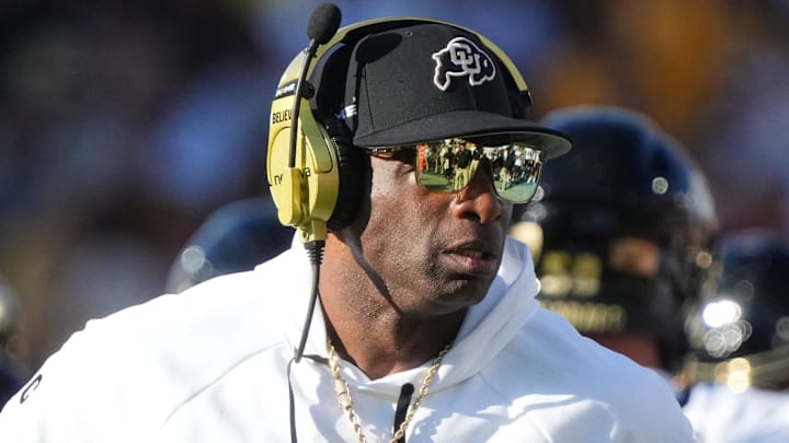 Oct 7, 2023; Tempe, Arizona, USA; Colorado Buffaloes head coach Deion Sanders walks the sidelines as his team takes on the ASU Sun Devils at Mountain America Stadium.