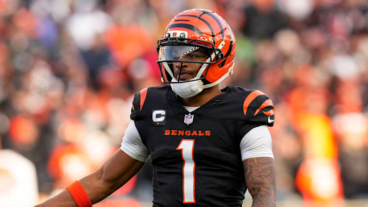 Jan 4, 2026; Cincinnati, Ohio, USA; Cincinnati Bengals wide receiver Ja'marr Chase (1) reacts after the Bengals are forced to punt in the fourth quarter against the Cleveland Browns  at Paycor Stadium. Mandatory Credit: Sam Greene-USA TODAY Network via Imagn Images