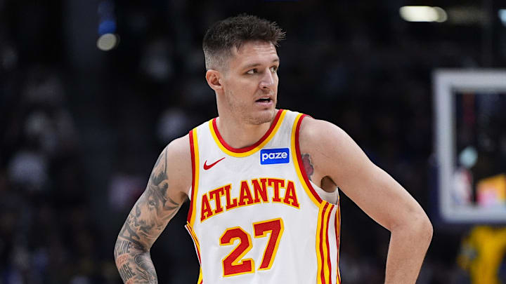 Jan 9, 2026; Denver, Colorado, USA; Atlanta Hawks guard Vit Krejci (27) looks on during the second quarter against the Denver Nuggets at Ball Arena. Mandatory Credit: Ron Chenoy-Imagn Images