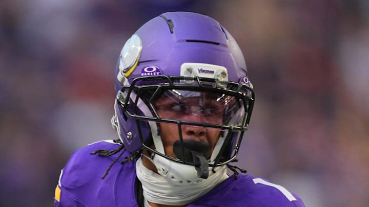 Nov 16, 2025; Minneapolis, Minnesota, USA; Minnesota Vikings wide receiver Jalen Nailor (1) runs for a gain during the fourth quarter against the Chicago Bears at U.S. Bank Stadium. Mandatory Credit: Brad Rempel-Imagn Images