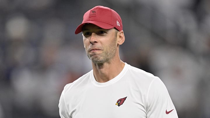 Nov 3, 2025; Arlington, Texas, USA; Arizona Cardinals head coach Jonathan Gannon looks on before the game against the Dallas Cowboys at AT&T Stadium. Mandatory Credit: Jerome Miron-Imagn Images