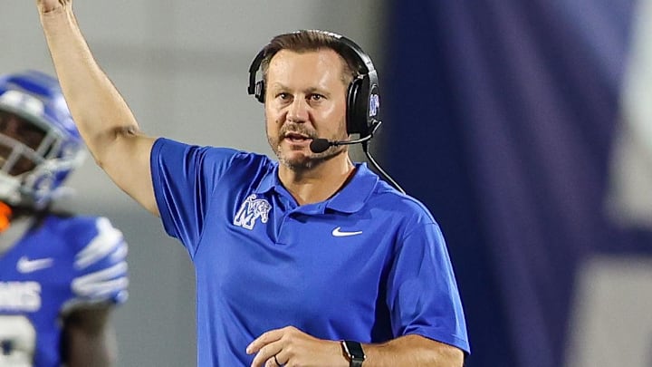 Memphis Tigers coach Ryan Silverfield reacts before the fourth quarter against the Tulsa Golden Hurricane at Simmons Bank Liberty Stadium.