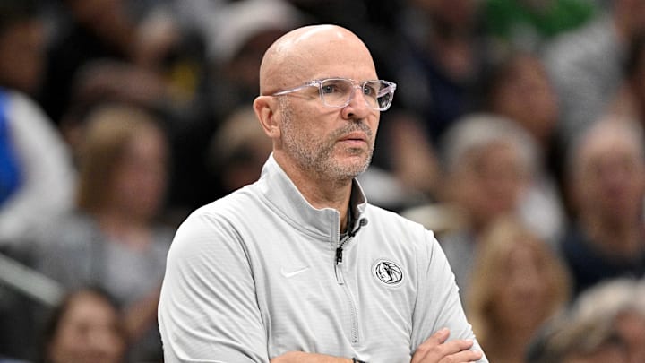 Apr 9, 2025; Dallas, Texas, USA; Dallas Mavericks head coach Jason Kidd looks on during the third quarter against the Los Angeles Lakers at the American Airlines Center. Mandatory Credit: Jerome Miron-Imagn Images