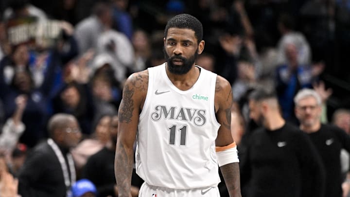 Feb 21, 2025; Dallas, Texas, USA; Dallas Mavericks guard Kyrie Irving (11) looks on after he makes a three point shot against the New Orleans Pelicans during the second half at the American Airlines Center. Mandatory Credit: Jerome Miron-Imagn Images