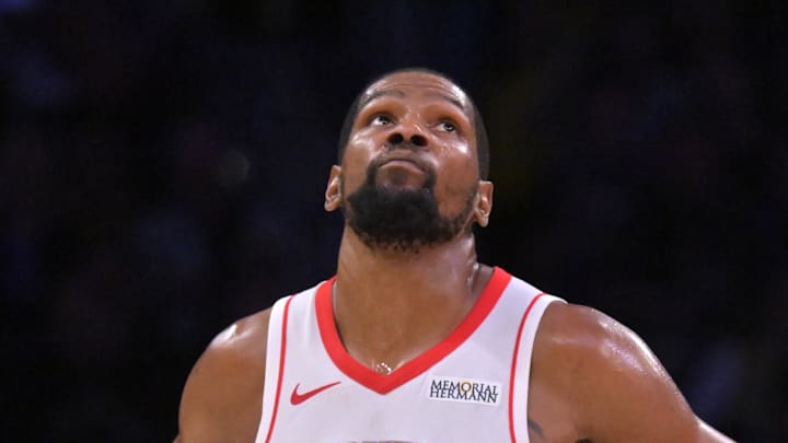 Houston Rockets forward Kevin Durant (7) looks on from the court in the second half of game two of the first round of the 2026 NBA Playoffs against the Los Angeles Lakers at Crypto.com Arena on Apr 21, 2026.