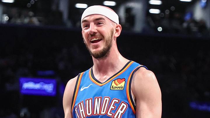 Feb 26, 2025; Brooklyn, New York, USA;  Oklahoma City Thunder guard Alex Caruso (9) reacts to a call in the fourth quarter against the Brooklyn Nets at Barclays Center. Mandatory Credit: Wendell Cruz-Imagn Images