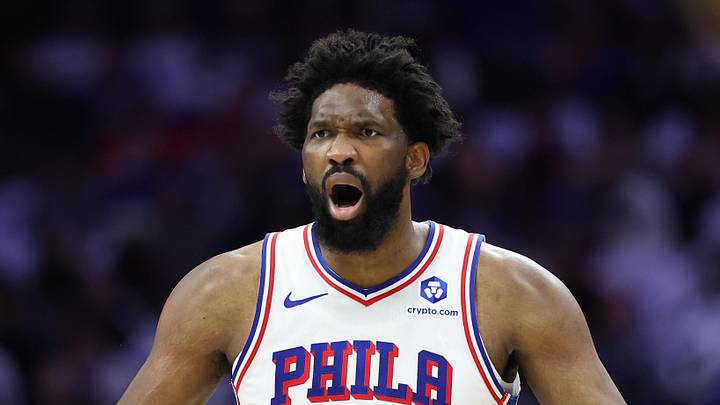 Philadelphia 76ers center Joel Embiid (21) reacts to a play against the New York Knicks during the first quarter of game three of the second round of the 2026 NBA Playoffs at Xfinity Mobile Arena on May 8, 2026. Philadelphia 76ers center Joel Embiid (21) reacts to a play against the New York Knicks during the first quarter of game three of the second round of the 2026 NBA Playoffs at Xfinity Mobile Arena on May 8, 2026.