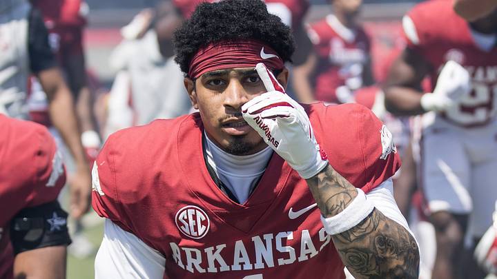 Arkansas Razorbacks defensive back Christian Harrison (1) kneels before the start of the spring game at Donald W. Reynolds Razorback Stadium. Arkansas Razorbacks defensive back Christian Harrison (1) kneels before the start of the spring game at Donald W. Reynolds Razorback Stadium.
